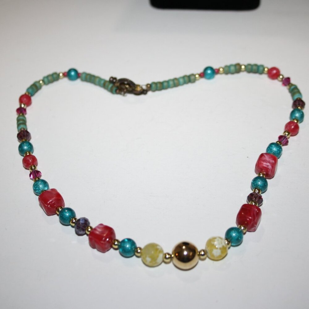 Beautiful teal wooden, gold and colorful beaded necklace 18" toggle clasp